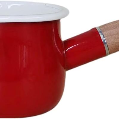 0.6qt Mini Enamel Milk Pot Insulated Wooden Handle 2 Pour Spouts Small Food Warmer Cute Saucepan (D015,RED)