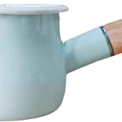 0.6qt Mini Enamel Milk Pot Insulated Wooden Handle 2 Pour Spouts Small Food Warmer Cute Saucepan (D015,Mint Green)