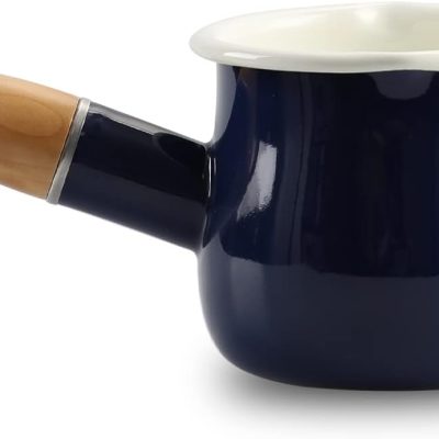 0.6qt Mini Enamel Milk Pot Insulated Wooden Handle 2 Pour Spouts Small Food Warmer Cute Saucepan(D015,Blue) …