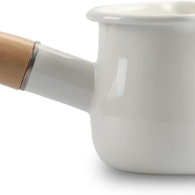 0.6qt Mini Enamel Milk Pot Insulated Wooden Handle 2 Pour Spouts Small Food Warmer Cute Saucepan(D015,White)