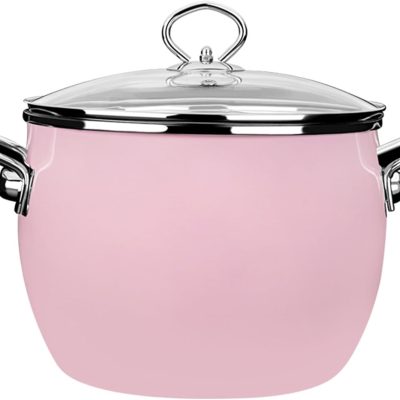 Enamel Stockpot Set with Glass Lid Nonstick Enamel on Steel Stock Pot Enamelware Cooking Pot Large Simmer Pot with Handle for Induction Cookers and Stove,Pink,8inch