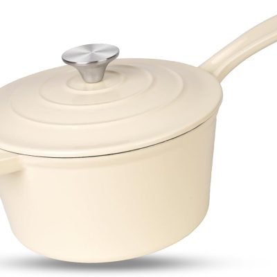 Enameled Cast Iron Sauce Pan, 2 Quarts Round Sauce Pot with Lid, Mini Dutch Oven Enamel Saucepan for Cooking Pasta Sauce, Marinate, Cook, Refrigerate and Serve, Cream White