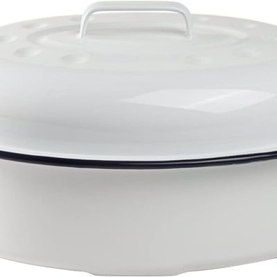 Enameled Roasting Pan with Lid, Covered Roaster Pan Oval Pot Enamelware Cookware, 15.5 Inch, Vintage Farmhouse White