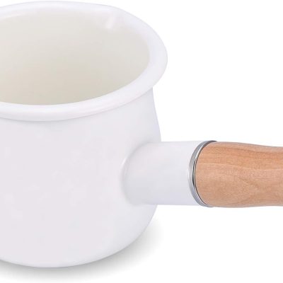 Enamel Milk Pot, Small Saucepan Milk Pot Butter Warmer 4 Inch 17 Oz Enamel Small Sauce Pan with Wooden Handle, Perfect Size for Heating Smaller Liquid Portions. (White）