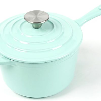 1 qt Enameled Cast Iron Mini Saucepan, 5.5 inch with Lid, Green