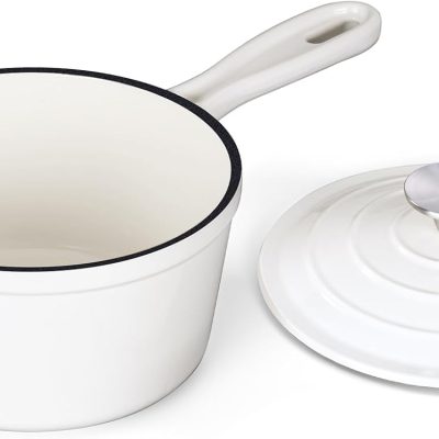 1QT Sauce Pan, Enameled Cast Iron Saucepan Dutch Oven Pot with Lid, Small Cooking Sauce Pot, Nonstick & Oven Safe – White