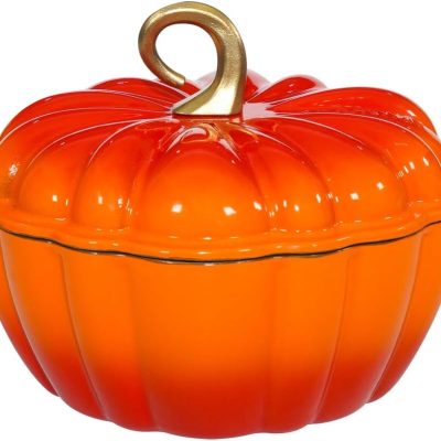 Pumpkin Enameled Cast Iron Dutch Oven with Lid, 4.5 QT Heavy Duty and Dual Handles Pot, Serves 3-5 and Oven Safe for Bread Baking, Braising, Cooking Soup and Family Gifts, Orange