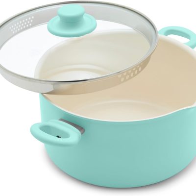 6QT Nonstick Stockpot with Straining Lid, Soft Grip, PFAS-Free Ceramic, Pour Spout, Multipurpose Cooking Pot, Sauces & Soups, Milk Pan, Stay-Cool Handles, Dishwasher & Oven Safe, Turquoise