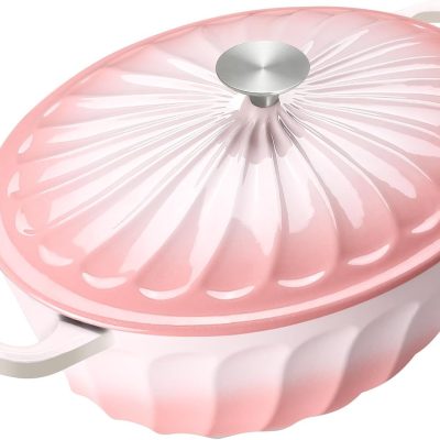 Enameled Oval Dutch Oven Pot with Lid, 7 QT Cast Iron Dutch Oven with Dual Handles for Cooking, Bread Baking, Frying, Non-stick Enamel Coated Oven (7 QT Gradient Pink)