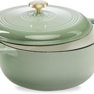 6 Quart Enamel Cast-Iron Round Dutch Oven, Family Style Heavy-Duty Pre-Seasoned Cookware for Home, Kitchen, Dining Room, Oven Safe w/Lid, Dual Handles - Sage Green