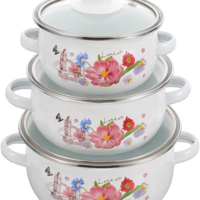 3Pcs Soup Pot Delicate Wear Resistant Cooking Pot with Double Handles for Stews and Soups Random Pattern Design for Home Cooking and Serving