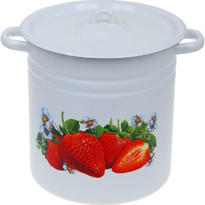 Enameled Large White ''Strawberry'' Stainless Steel Pot for Cooking 12.6 Qt / 12 L, Enamel on Steel Stock Pot with Lid, Vintage Style Stockpot for Cooking, Enamel on Steel Enamelware Soup Pasta Pot