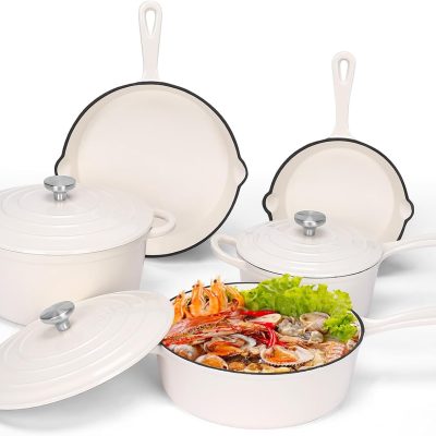 Nonstick Enameled Cast Iron Cookware Set, 5 Pcs Pots and Pans with Lid, Skillet, Frying Pan, Saucepan & Dutch Oven for All Stovetops, PFA Free - Ideal for Sourdough Bread Baking