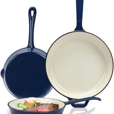 Enameled Cast Iron Skillet Set - 3 Piece Ceramic Coated Fry Pan Set(8'',9.5'' 11''), PFAS/PTFE/PFOA Free, Oven & Induction Safe, Navy Blue Cookware for Gas/Electric Stovetop
