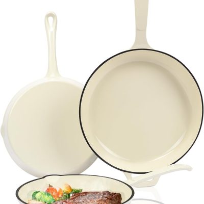 Enameled Cast Iron Skillet Set - 3-Piece Fry Pans (8",9.5",11"), PFAS/PTFE/PFOA-Free, Oven & Induction Safe, Cream White Cookware for Gas, Electric, Ceramic Stovetops​