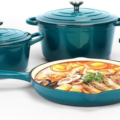 Nonstick Enameled Cast Iron Cookware Set, 7Pcs Pots and Pans with Lid, Frying Pan Skillet, Saucepan, Healthy Dutch Oven for Sourdough Bread Baking, Oven Safe up to 500° F or on All Stovetop