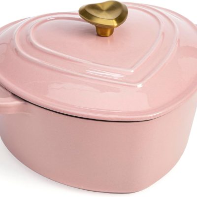 Enameled Cast Iron Dutch Oven Heart-Shaped Pot with Lid, Dual Handles, Works on All Stovetops, Oven Safe to 500°F, 2-Quart, Pink