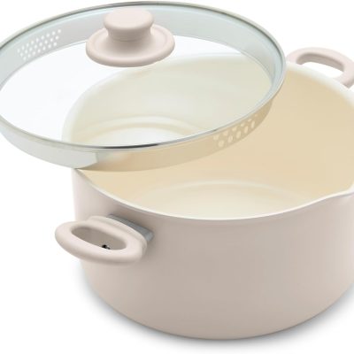 6QT Ceramic Nonstick Stockpot with Glass Straining Lid, PFAS-Free, Dishwasher Safe, Stay-Cool Handles, Oven Safe to 350°F, Wobble-Free Base, Even Heating, Taupe