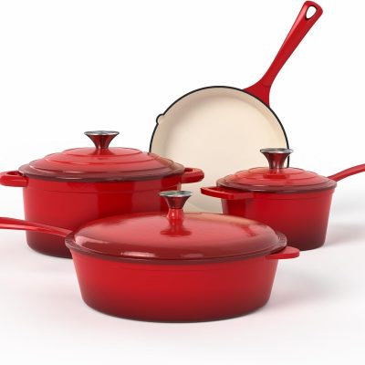 Enameled Cast Iron Cookware Sets - 7Pcs Pots and Pans Set Non Toxic, Induction Dutch Oven Set, PFOA&PFAS Free