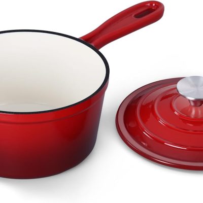 Enameled Cast Iron Sauce Pan, 1QT Small Saucepan with Lid, Cast Iron Sauce Pot Enamel Dutch Oven, Nonstick & Heavy Duty – Red