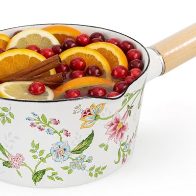1 Quart Enamel Milk Pan with Pour Spout, Green Floral Small Saucepan Simmer Pot Stovetop Safe, Wood Handle for Hot Chocolate, Butter, Oatmeal, Holiday Simmer Pot Gifts, Measurement Marks
