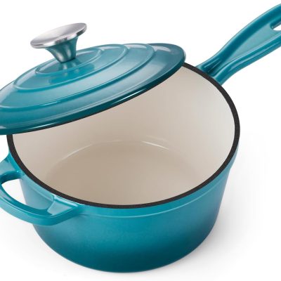 Enameled Cast Iron Sauce Pan, 2QT Saucepan with Lid, Small Cast Iron Pot for Cooking, Enamel Dutch Oven Nonstick & Heavy Duty – Dark Cyan