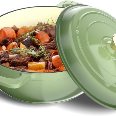 6QT Round Dutch Oven, Enameled Cast Iron Dutch Oven Pot with Lid & Dual Handles, Oven Safe Up to 500° F, for Sourdough, Bread Baking, Stews and Roasting, Green