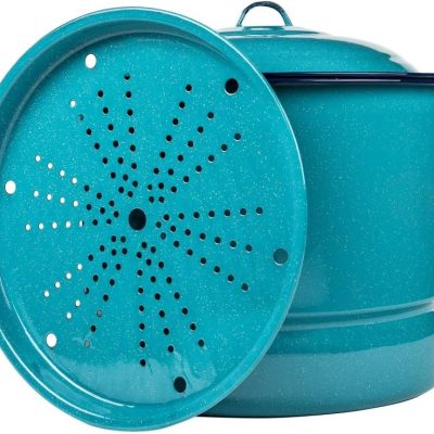 34-Quart Enamel on Steel Steamer Pot with Lid & Trivet, Blue