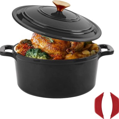 Enamel Cast Iron Dutch Oven with Lid, Round Casserole Pot for Bread Baking, Braising, Roasting, and Stews, Heavy-Duty, Oven Safe, Induction Compatible (4.7QT,Grey)