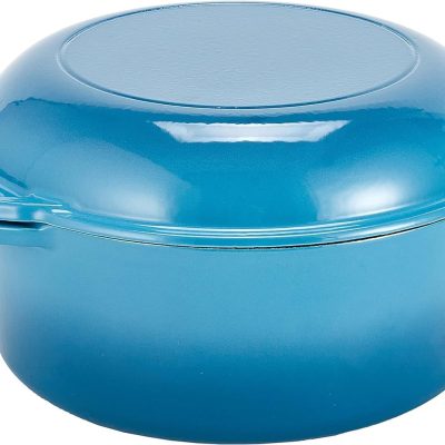 2-in-1 Enamel Cast Iron Dutch Oven With Handles - Crock Pot Blue Cast Iron pot with Skillet lid - All-in-One Cookware Braising Pan for Casserole Dish - 7 Quart, Blue