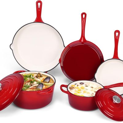 Nonstick Enameled Cast Iron Cookware Set, 5 Pcs Pots and Pans with Lid, Skillet, Frying Pan, Saucepan & Dutch Oven for All Stovetops, PFA Free - Ideal for Sourdough Bread Baking