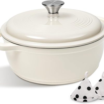Enameled Cast Iron Dutch Oven Pot With Lid -  5QT Dutch Oven for Bread Baking With Cotton Potholders - Heavy-Duty Cookware for Braising, Stew, Roasting, Oven Safe up to 500°F, Cream White