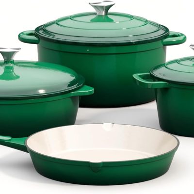 7 Piece Enameled Cast Iron Cookware Set, Induction Dutch Oven Pot with Lid, Emerald Non Toxic Pots and Pans set, PFOA-PFOS Free