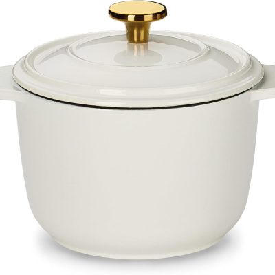 2QT Enameled Cast Iron Dutch Oven Pot with Lid, Mini Round Dutch Oven for Small Sourdough Bread, Stews, Soups, Sauces, Beans, Rice, Serves 1-2, Dual Handles, Healthy & Non-Toxic, All Stovetop Compatible, Oven Safe up to 500° F, White