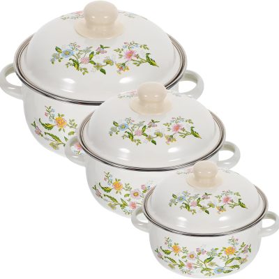 3Pcs Enamel Cooking Pot Set: Multi-Functional Double Ear Soup Pots with Lid, Flat Bottom Stockpots for Home Restaurant Use