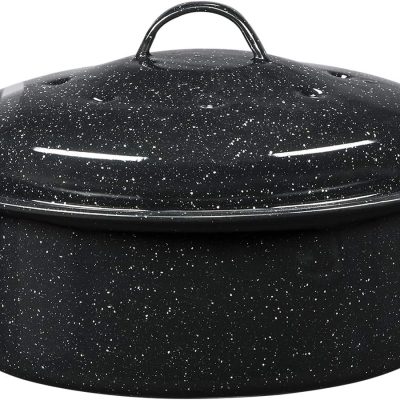 8.7-Inch Small Covered Round Roaster, 3Lb Capacity – Mini Roaster Enamel Steel Cookware, Dishwasher Safe & PFOA-Free, Even Heat Distribution for Poultry, Meat, Vegetables (Speckled Black)