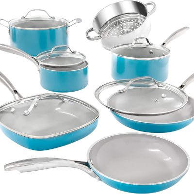 Pots and Pans Set, 12 Piece Nonstick Ceramic Cookware, Includes Frying Pans, Stockpots & Saucepans, Stay Cool Handles, Oven & Dishwasher Safe, 100% PFOA Free, Turquoise