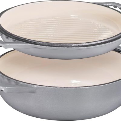 2-in-1 Enameled Cast Iron Cocotte Double Braiser Pan with Grill Lid 3.3 Quarts - Barbecue Grill Non Stick Frying Pan - Casserole Cookware Wide Handle (Grey)