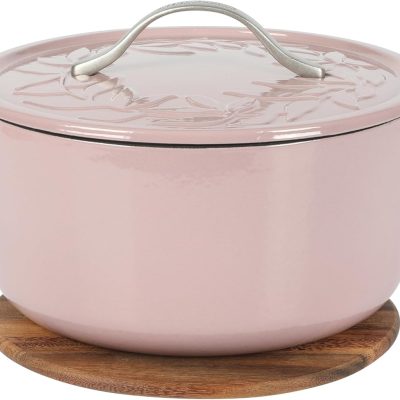7 Qt Cast Iron Dutch Oven W/Embossed Lid, European Enamel, & Walnut Wood Trivet - Orchid Pink
