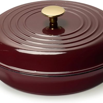 3.4QT Enameled Cast Iron Braiser Pan, Shallow Dutch Oven Casserole Skillets, Non-Toxic Cast Iron Pot with Lid for Grilling, Searing, Baking, Dual Handles, All Stovetop Compatible, Fig