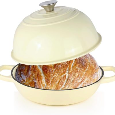 6QT Bread Dutch Oven Pot with Lid, Enameled Cast Iron Dutch Oven for Sourdough Bread Baking, Roasting, Stewing and Soup, Non-Stick Enamel Cookware for Oven/Stovetop, Perfect for Homemade Bread, Beige