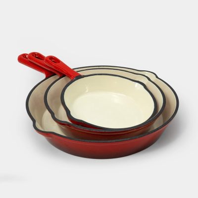3 Pc Cast Iron Skillet Set w/Red Enamel Coating, Perfect for Home Stovetop and Delicious Outdoor Cooking Skillet Set