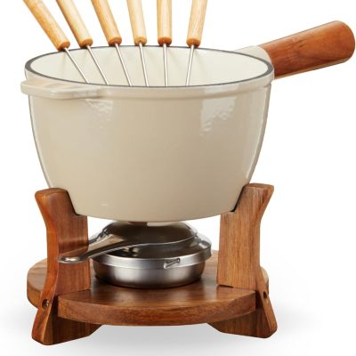 Farmhouse Kitchen Enamel Cast Iron Set Cheese Melting Fondue Pot Metal Stainless Steel Forks and Wood Stand, Beige Set of 1