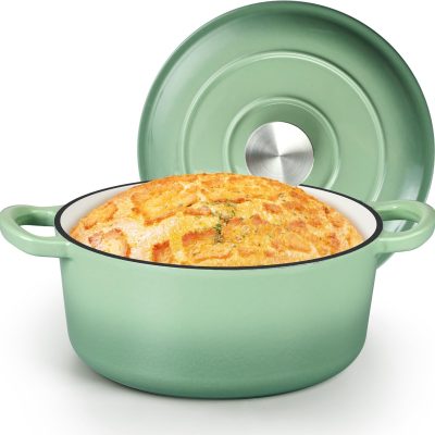 Small 3 Quart Dutch Oven,  Round Cast Iron Cooking Pot with Lid, Nonstick Enameled Cookware for Sourdough Bread Baking Roasting Stewing Braising Frying, Heavy Duty & Oven Safe 500℉, Green