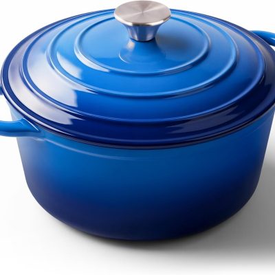 6 Quart Enameled Dutch Oven Pot with Lid, Cast Iron Dutch Oven with Dual Handles for Bread Baking, Cooking, Non-stick Enamel Coated Cookware (Dark Blue)