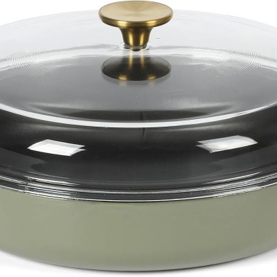 3.75 Quart Enamel Cast Iron All In One Multi-Purpose Non-Toxic Nonstick Braiser Pan W/Borosilicate Glass Lid - Juniper Green