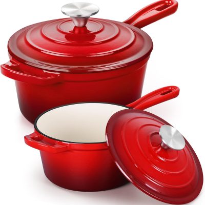 Sauce Pan Set with Lid, 1Qt & 2Qt Enameled Cast Iron Pot Sets for Kitchen Cooking, Small Heavy Duty Dutch Oven Saucepans & Self-basting Lids, Induction-Ready & Easy Clean, Red
