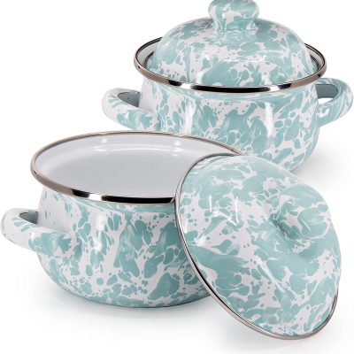 Enamelware Petite Tureens Pots, 16 ounce, Sea Glass, Set of 2