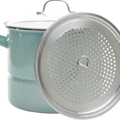 16-Quart Stock Pot With Steamer Insert and Lid, Glacier Blue, Large Stainless Steel Cookware for Boiling, Steaming, and Soups