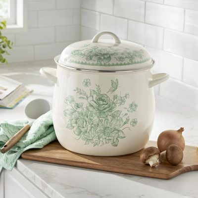 12-Quart Enamel on Steel Stock Pot, Green Large Cooking Pot for Soups Stews, Colorful Enamelware Stockpot for Home Kitchen